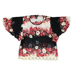 RAIN Women's 2X Sheer Lace Crochet Floral Romantic Flutter Sleeve Boho‎ Blouse